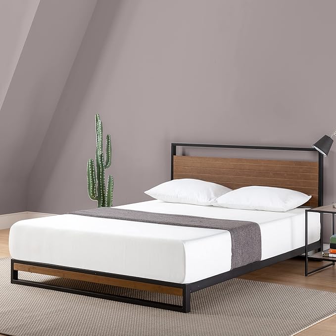 ZINUS Suzanne Bamboo and Metal Platform Bed Frame, 7-Inch Low Profile, Solid Steel Construction, No Box Spring Needed, Wood Slat Support, Easy Assembly, Chestnut Brown, Queen