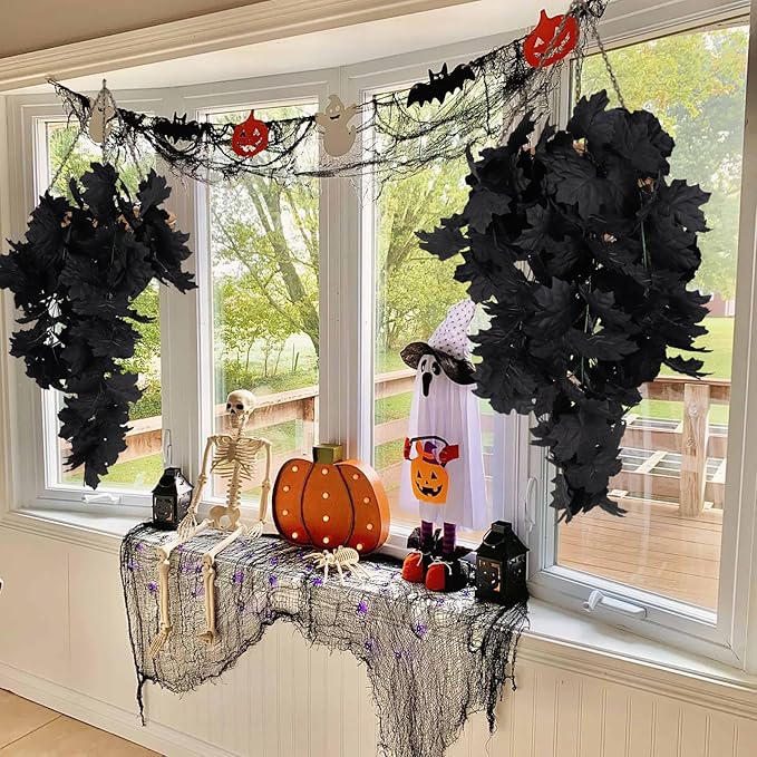 RECUTMS Black Maple Leaf Garland 2PCS Artificial Hanging Fall Halloween Maples Leaves Swag Plants 2.5ft Faux Silk Autumn Garlands for Indoor Outdoor Thanksgiving Party Home Room Fireplace Patio Decor