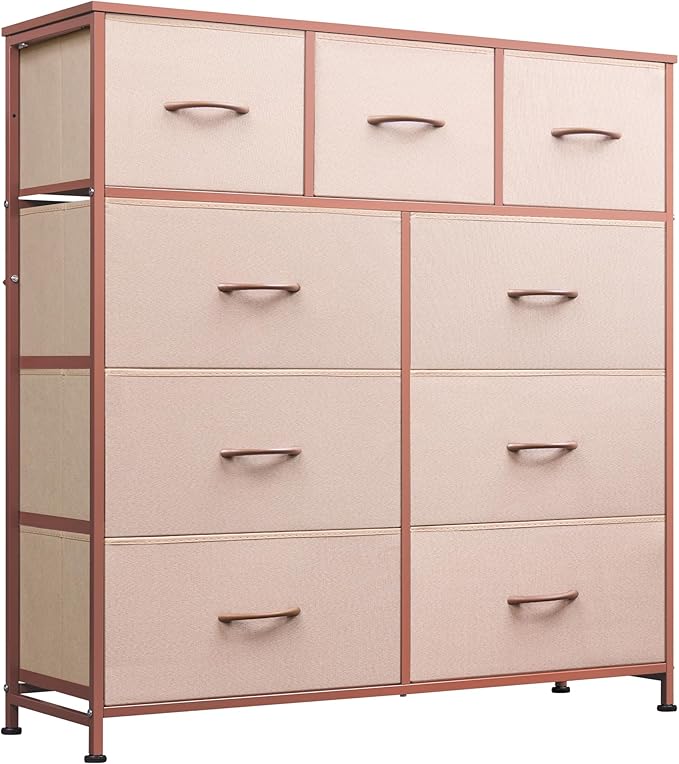 WLIVE 9-Drawer Dresser, Fabric Storage Tower for Bedroom, Hallway, Entryway, Closet, Tall Chest Organizer Unit with Fabric Bins, Steel Frame, Wood Top, Easy Pull Handle, Pink