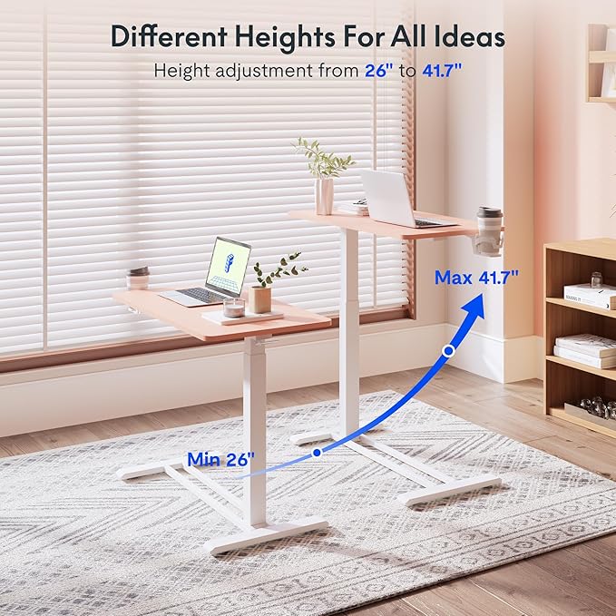 FLEXISPOT H7 Adjustable Overbed Bedside Table with Wheels Pneumatic Mobile Standing Desk Laptop Desk Rolling Computer Cart Movable Overbed Table Hospital Home Use(31.5" W x 17.7" D, Pink)