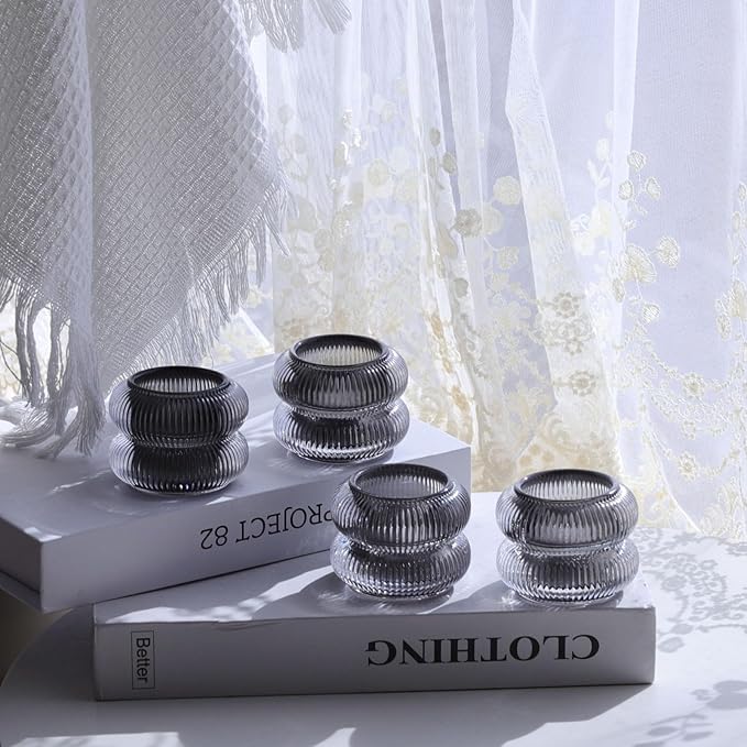 Woho Smoke Grey Ribbed Votive Candle Holder Set of 12, Vintage Tea Lights Candle Holder for Halloween Decorations, Glass Tealight Candle Holders for Holiday Party/Home Decor (Grey, 2.1" H X 2.75" D)