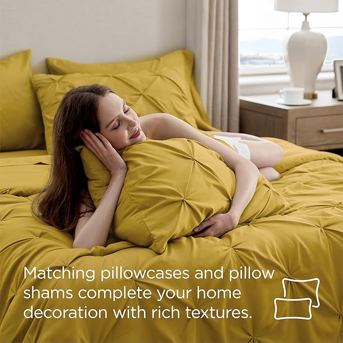 Bedsure Queen Comforter Set - Bed in a Bag Queen Size Bedding 7 Pieces, GentleSoft™ Pintuck Bed Set Gift for Family, Pinch Pleat Mustard Yellow Comforter with Sheets, Pillowcases & Shams