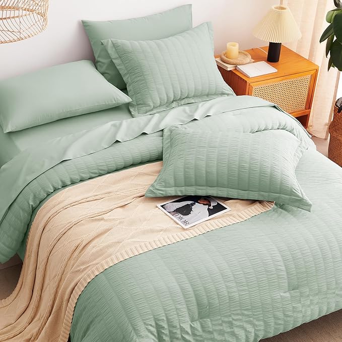 CozyLux Full Size Comforter Sets with Sheets Seersucker 7 Pieces Sage Green Bed in a Bag Textured Luxury Soft Bedding Set with Down Alternative Comforter, Sheets, Pillowcases & Shams for All Seasons