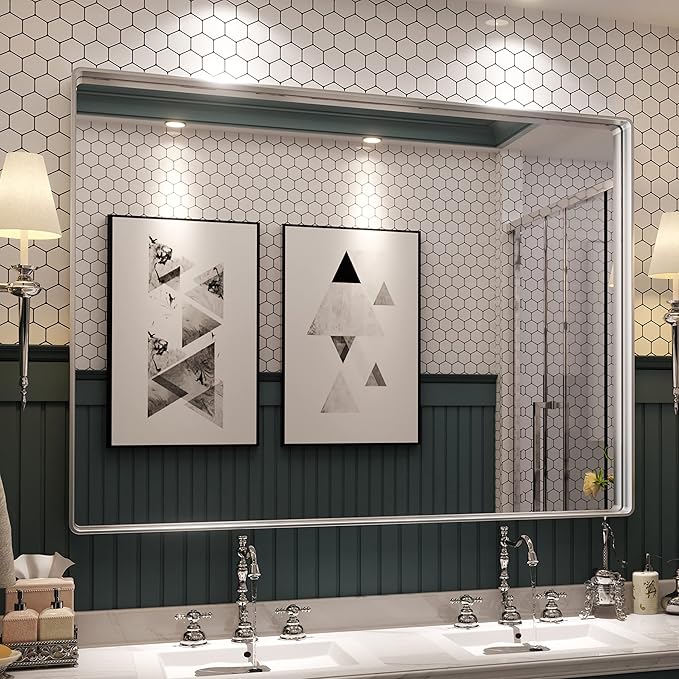 ISKM Bathroom Vanity Mirror for Wall Silver, 48 x 32 Inch Rectangular Wall Mirror with Aluminum Alloy Frame Shatter Proof, Anti-Rust (Horizontal/Vertical)