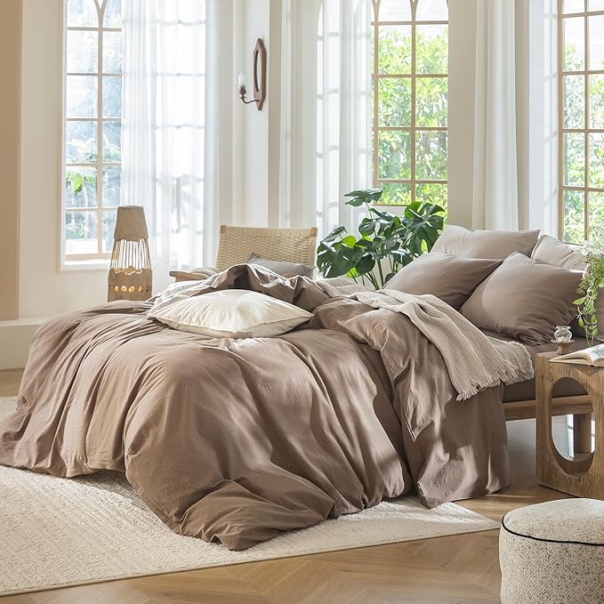 MooMee Bedding Duvet Cover Set 100% Washed Cotton Linen Like Textured Breathable Durable Soft Comfy (Solid Brown, Super Queen 90"x98")