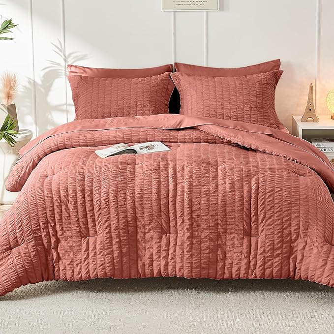 HYMOKEGE Coral Full Size Comforter Sets Seersucker 7 Pieces, All Season Luxury Bed in a Bag for Bedroom, Bedding Set with Comforter, Sheets, Pillowcases & Shams