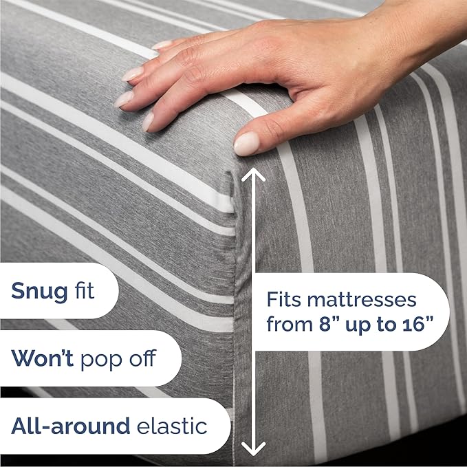 Queen 6 Piece Sheet Set - Comfy Breathable & Cooling - Soft Hotel Luxury Bedding Set with 8-16 Inch Deep Pockets - 1 Flat & 1 Fitted Sheet & 4 Pillowcases - Wrinkle Free & Easy Care - Grey Stripes 3