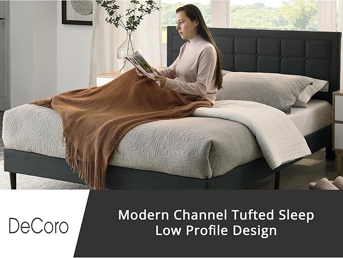 Decoro Mornington Upholstered 2.0 Platform Bed, Button-Tufted Fabric Headboard and Metal Frame with Wood Slat Support, Dark Grey, King