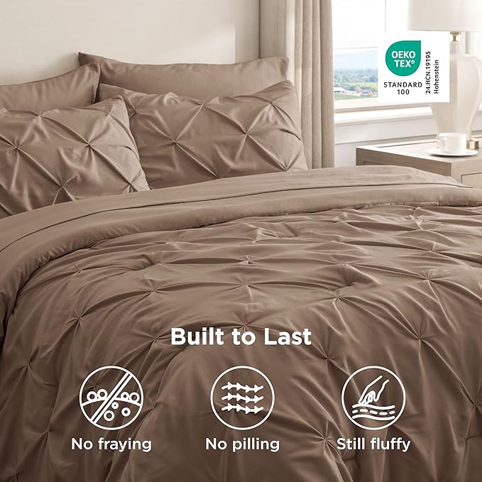 Bedsure King Size Comforter Set Brown - Bed in a Bag Bedding Set 7 Pieces, GentleSoft™ Pintuck Bed Set Gift for Family, Pinch Pleat Brown Comforter with Sheets, Pillowcases & Shams
