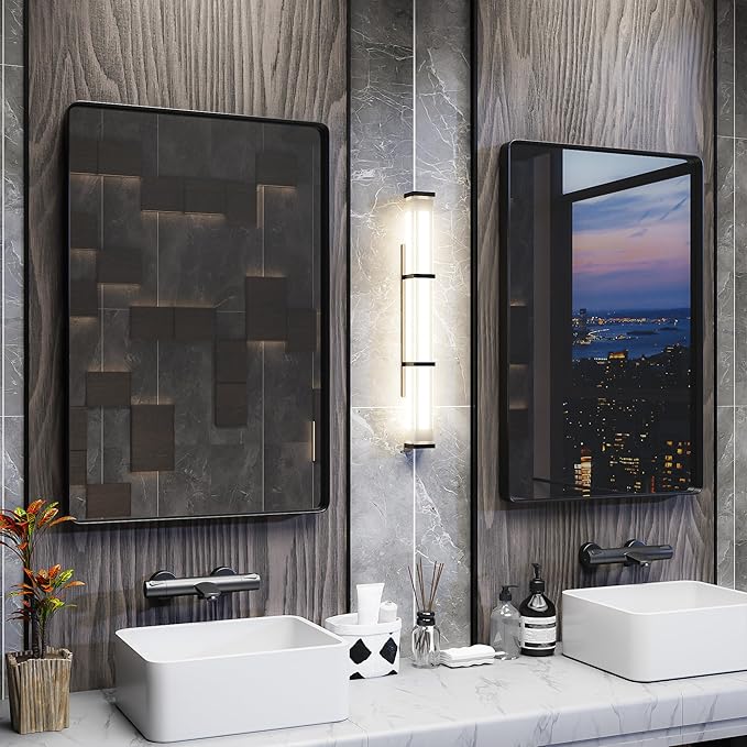 ISKM Black Framed Mirror for Wall 20"x 30", Bathroom Vanity Mirror Anti-Rust, Tempered Glass, Rounded Rectangle Mirror(Horizontal/Vertical)