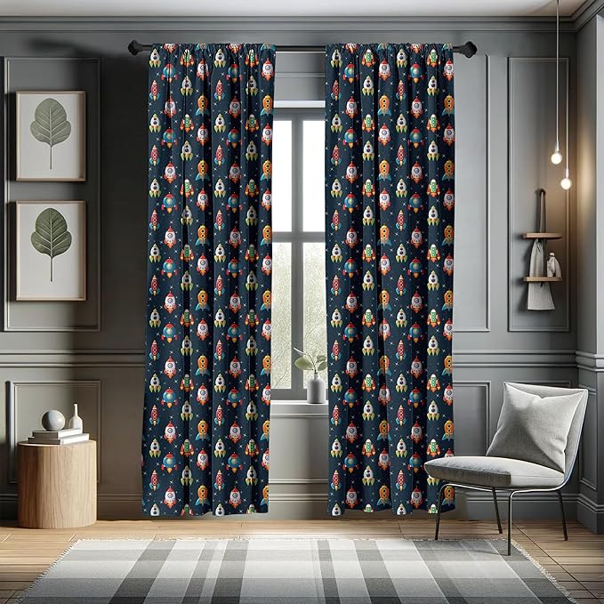 Ambesonne Spaceship Window Curtains, Cartoon Style Space Crafts Flying Through Cosmos Stared Background Astronauts, Lightweight Decor 2-Panel Set with Rod Pocket, Pair of - 28" x 95", Multicolor