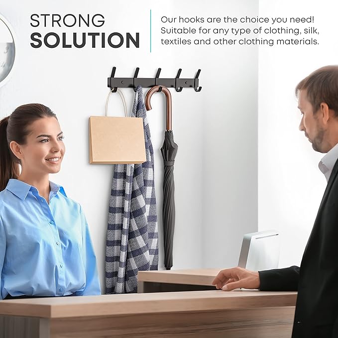 Matte Black Coat Rack Wall Mount – 15 Inch Stainless Steel Hook Rail with 5 Double Coat Hooks – Wall Mounted Entryway Organizer for Coats, Hats, Bags, Towels, Robes, Closet or Bathroom - 2 Pack