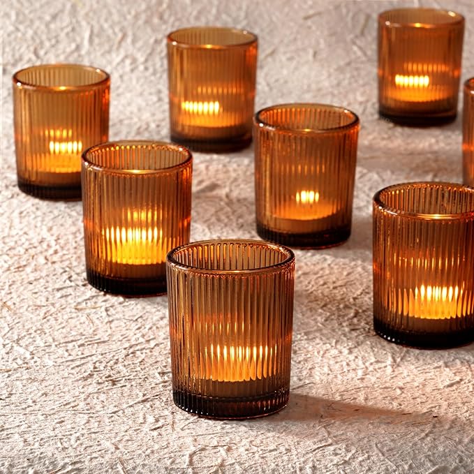 Homemory 12 Pcs Glass Votive Candle Holders, Amber Tealight Candle Holder, Vintage Candle Holders Bulk for Table Centerpieces, Christmas, Baby Shower, Birthday, Wedding, Party