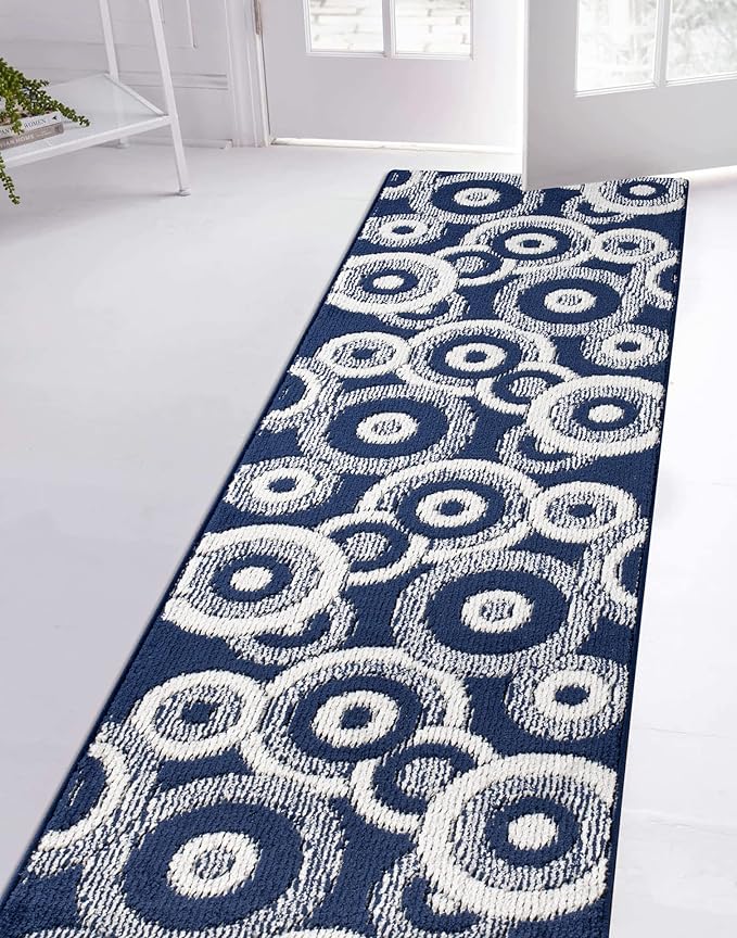 Custom Length Cut to Size Retro Modern Coastal Carpet Runner Rug for Hallways, Non Slip Rubber Backed, 31 inch Wide X Customized Length, Geo Blue, 31 inch X 12 feet