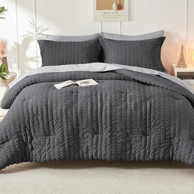 HYMOKEGE Dark Grey/Light Grey King Size Comforter Set Seersucker 7 Pieces, All Season Luxury Bed in a Bag for Bedroom, Bedding Set with Comforter, Sheets, Pillowcases & Shams