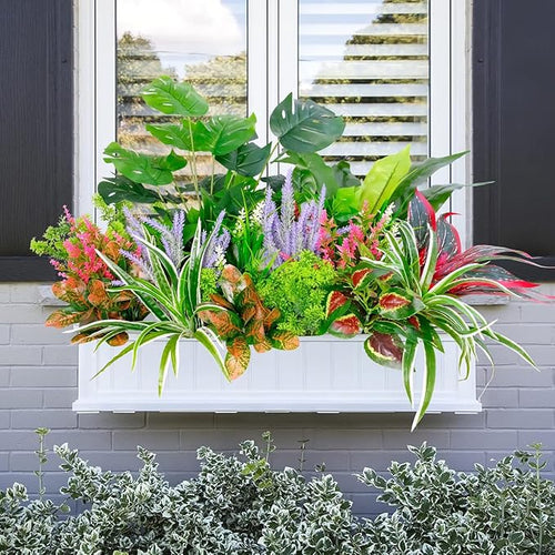 18PCS Outdoor Artificial Plants UV Resistant, Tropical Fake Flower Bushes, Mixed Faux Outdoor Greenery for Outside Planter Box, Porch, Balcony, Garden or Indoor Décor
