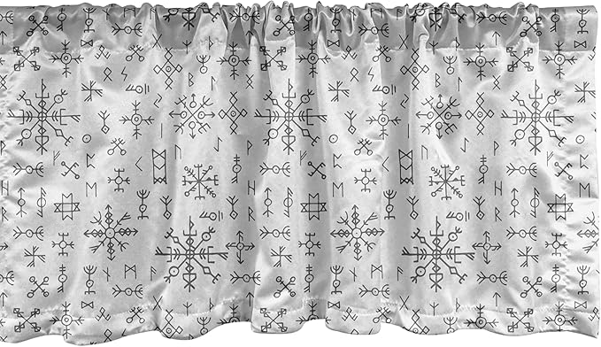 Ambesonne Nordic Window Valance Pack of 2, Viking Runes and Talismans Scandinavian Symbols with The Futhark Alphabet, Rod Pocket Curtain Valances for Kitchen Bedroom, 54" X 12", Dark Grey and White