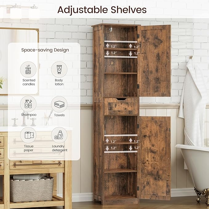 Iwell 67" Tall Storage Cabinet, Bathroom Cabinet with Drawer & Adjustable Shelves, Narrow Storage Cabinet, Floor Cabinet for Living Room, Home Office, Rustic Brown