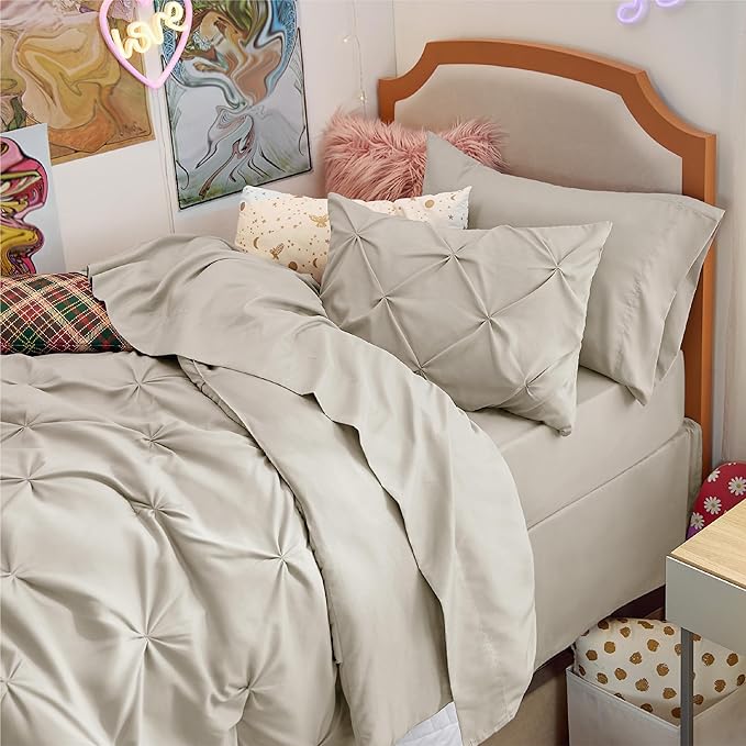 Bedsure Twin Comforter Set Beige - Bed in a Bag Twin Size Bedding 5 Pieces, GentleSoft™ Pintuck Bed Set Gift for Family, Pinch Pleat Beige Comforter with Sheets, Pillowcase & Sham