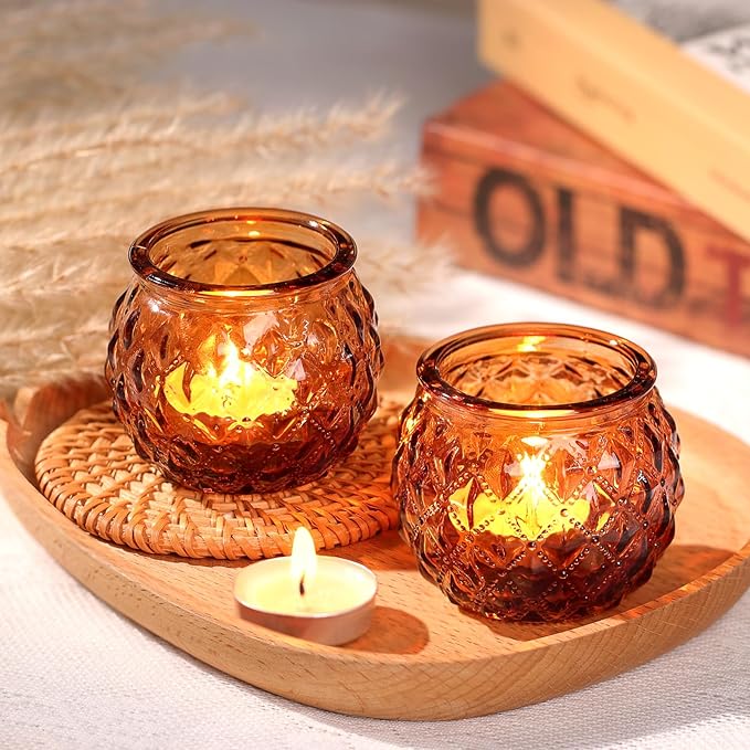 DARJEN Amber Votive Candle Holders Set of 24 - Round Glass Candle Holders for Table Centerpiece, Tea Lights for Home & Vintage Wedding Decorations