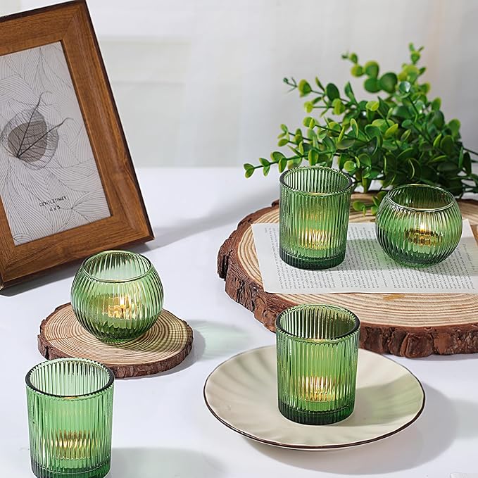 Green Votive Candle Holders Set of 10- Round Green Candle Holders Bulk, Glass Candle Holder for Wedding Home Decoration, Tea Lights Candle Holder for Bridal Shower, Party & Gift