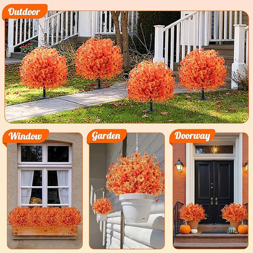2 Pack 24" Artificial Fall Flowers Boxwood Topiary Ball Trees w/Ground Spike, UV Resistant Autumn Faux Orange Shrubs Bushes Boxwood Plant for Front Door Porch Patio Balcony Garden Yard Outdoor Decor