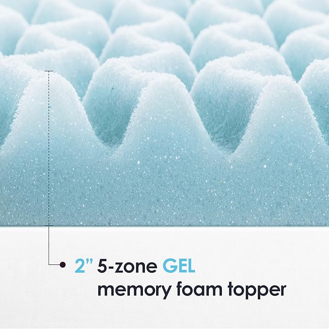 Mellow 2 Inch 5-Zone Memory Foam Mattress Topper, Cooling Gel Infusion, Dorm Essentials, Full Blue