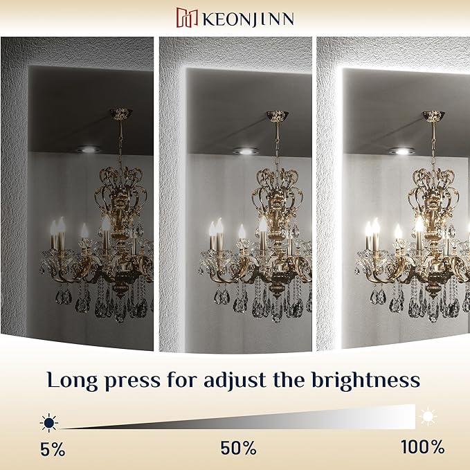 Keonjinn 24 x 36 Inch Backlit Mirror for Bathroom, Anti-Fog Led Mirror, CRI90+ HD Tempered Glass, Stepless Dimmable Lighted Mirror, High Lumen, UL Listed, Waterproof, Horizontal/Vertical