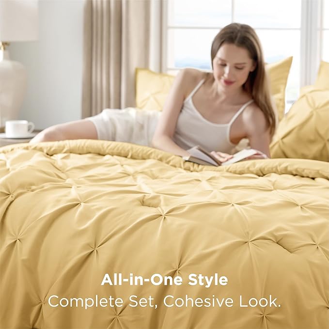 Bedsure California King Comforter Set Yellow - Bed in a Bag Cal King Bedding Set 7 Pieces, GentleSoft™ Pintuck Bed Set Gift for Family, Pinch Pleat Yellow Comforter with Sheets, Pillowcases & Shams