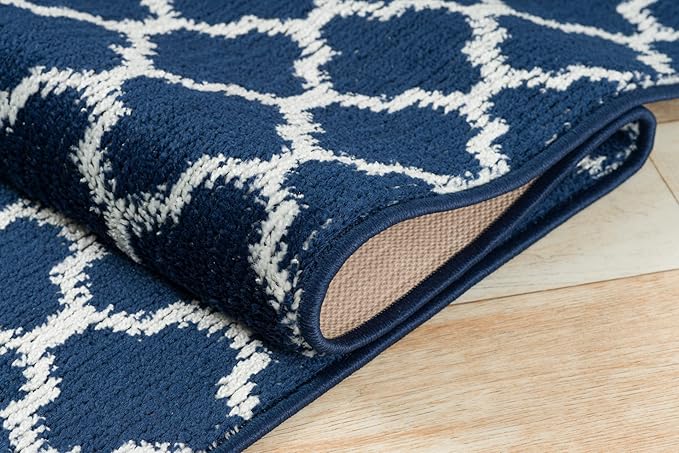 Custom Size Cut to Length Moroccan Trellis Design Runner Rug Mat For Wide Long Hallways with Non-Slip Rubber Backing, Better Traction for Pets, Prevent Slippage, Trellis Navy Blue, 31 inch X 11 feet