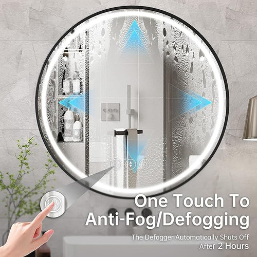 24 Inch Round Bathroom Mirror with Lights, Black Metal Framed Frontlit Circle Mirrors for Wall, Led Light Mirror with Anti-Fog, Memory Function, 3 Color Temperature, Dimmable Makeup Mirror