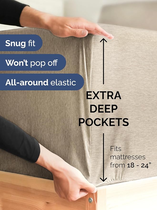 Extra Deep Cal King Sheet Set - 6 Piece Breathable & Cooling Sheets - Hotel Luxury Bed Sheets Set - Easy Fit - Soft, Wrinkle Free & Comfy Sheets Set - Heathered Beige Sheet Set w/Extra Deep Pockets