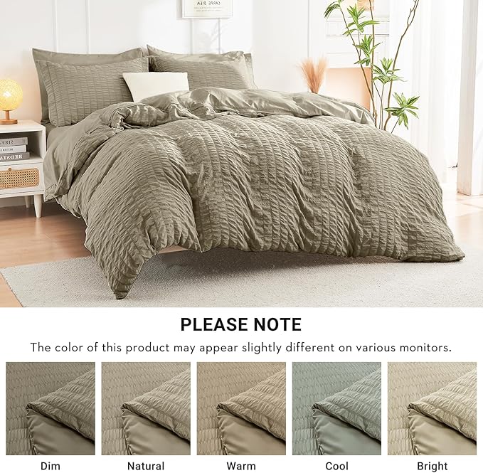 HYMOKEGE Linen King Size Comforter Set Seersucker 7 Pieces, All Season Luxury Bed in a Bag for Bedroom, Bedding Set with Comforter, Sheets, Pillowcases & Shams