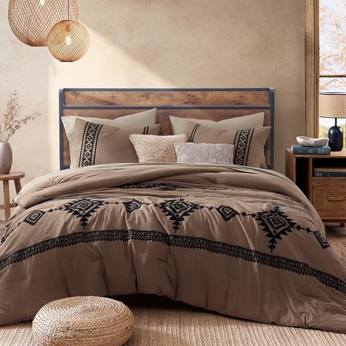 MaiRêve Embroidery Full Size Comforter Set Brown, Farmhouse Western Boho Bedding Set 7 Pieces, All Season Bed in A Bag Comforter Set with Sheets, Pillowcases & Shams