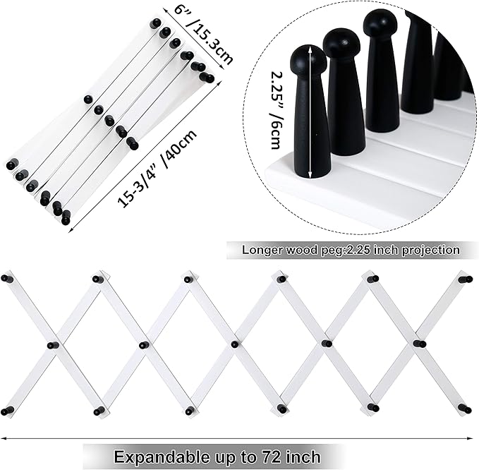 WEBI Accordion Wall Hanger,Expandable Wooden Hat Rack for Wall Mounted Coat Rack,Accordion Hat Hooks Holder for Baseball Caps,17 Peg Hooks,Black on White,2 Packs