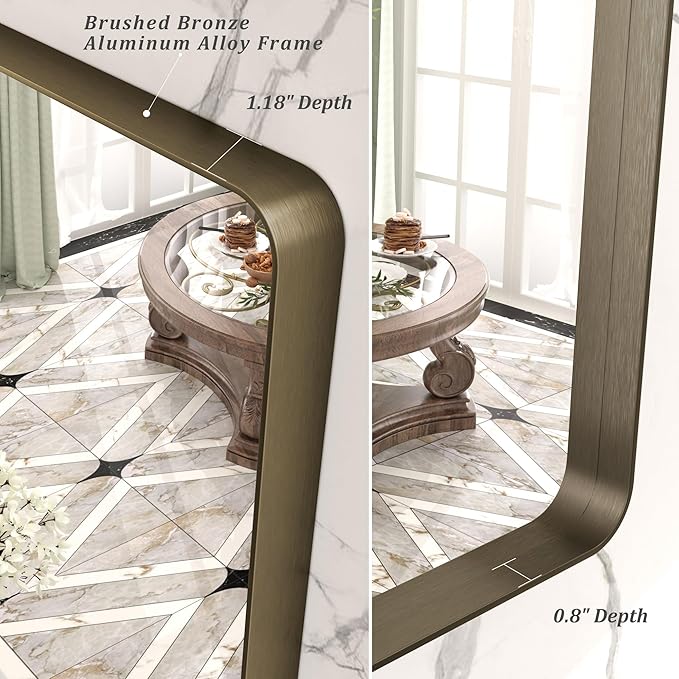 26x36 Inch Bronze Framed Mirror, Brushed Bronze Metal Bathroom Vanity Mirror for Wall, Modern Rectangle Mirror, Rounded Corner, Anti-Rust (Horizontal/Vertical)