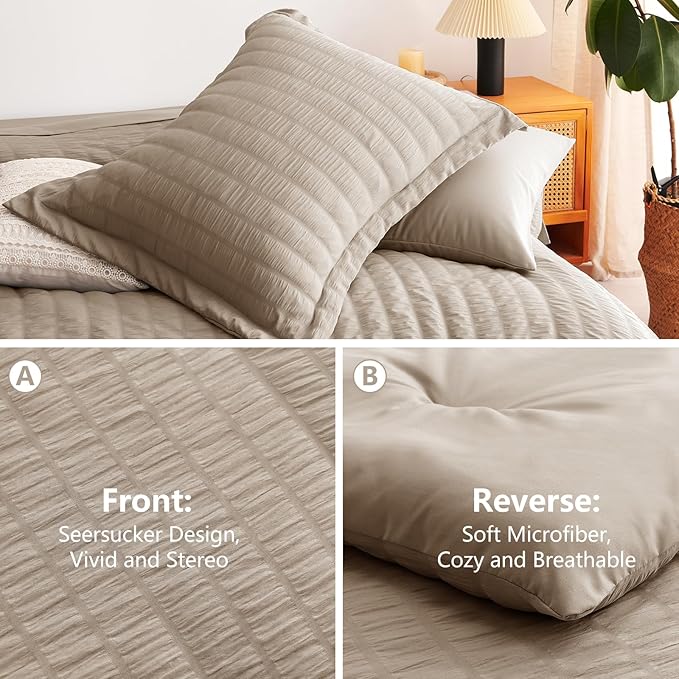 CozyLux Queen Comforter Set Khaki Seersucker 7 Pieces Bed in a Bag Queen Comforter Set with Sheets, Luxury Soft Bedding Set with Down Alternative Comforter, Sheets, Pillowcases & Shams for All Seasons