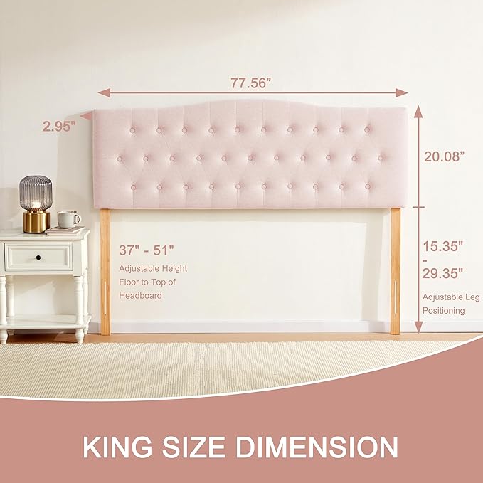 Tufted Upholstered Headboard King Size, Sturdy and Durable Solid Wood Bed headboard, Fabric Headboard Adjustable Height from 37” to 51”, Modern Button Diamond Design Head Board, Pink