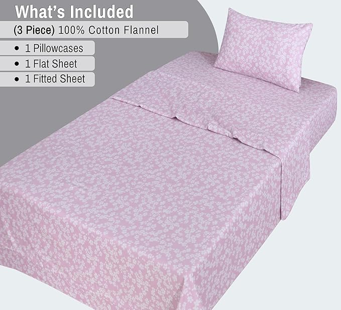 RUVANTI Flannel Sheets Twin Size - 100% Cotton Double Brushed Twin Sheets Set, Deep Pockets 16 Inches, All Seasons Breathable & Extra Soft Bed Sheets, Warm & Cozy, 3 Piece, Pink Flora