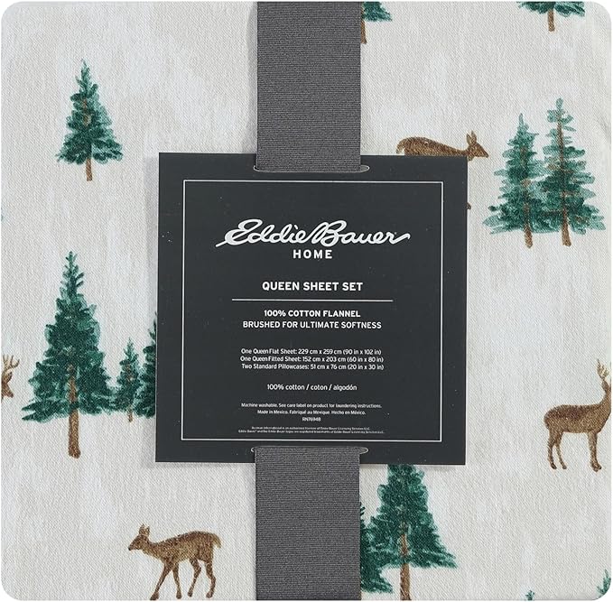 Eddie Bauer - Queen Sheets, Cotton Flannel Bedding Set, Brushed For Extra Softness, Cozy Home Decor (Deer Hollow, Queen)