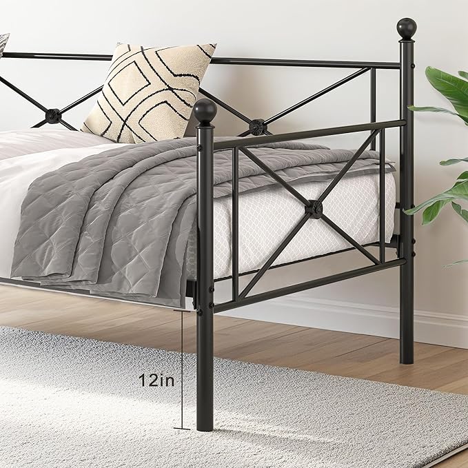 VECELO Twin Daybed Frame, Metal Day Bed with Stylish Headboard, Multifunctional Platform Beds for Bedroom, Living Room, Guest Room, No Boxing Spring Needed, Black
