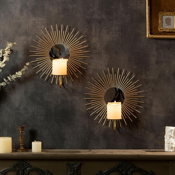 AIM & GGKK Wall Candle Sconce Holder,Set of 2 Mirror Wall Mounted Metal Candle Holder for Home,Living Room, Dining Room,Rustic Farmhouse Boho Decorations
