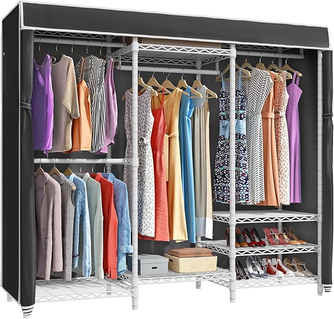 VIPEK V5C Bedroom Armoires Portable Clothes Closet Rack, White Metal Clothing Rack with Black Cover, Adjustable Custom Freestanding Closet Wardrobe Heavy Duty Covered Clothes Rack, Max Load 890LBS