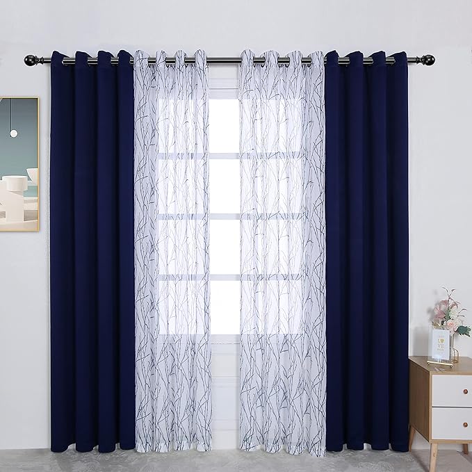 BONZER Mix and Match Curtains - 2 Pieces Branch Print Sheer Curtains and 2 Pieces Blackout Curtains for Bedroom Living Room Grommet Window Drapes, 54x95 Inch/Panel, Indigo, Set of 4 Panels