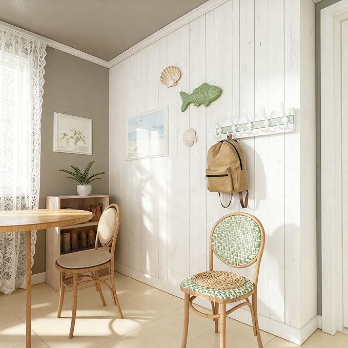 SKOLOO Coastal Wall Mounted Coat Rack - 17" Beach House Entryway Wooden Coat Hook with 5 Hooks for Hanging Coats, Hats or Towels, Oceanfront Cottage Core Collection, White & Green, Pack of 2