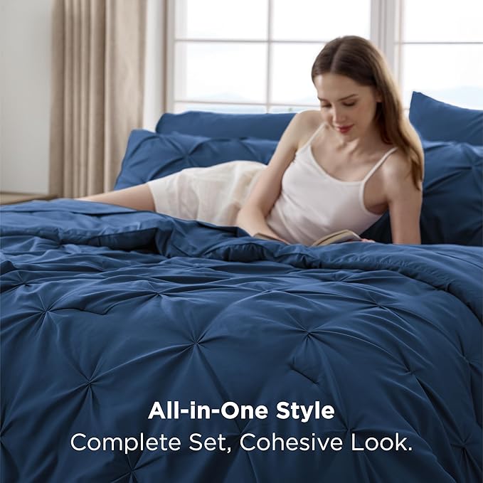Bedsure Full Size Comforter Sets - Bedding Sets Full 7 Pieces, Pintuck Bed in a Bag Navy Blue Bed Set with Comforter, Sheets, Pillowcases & Shams