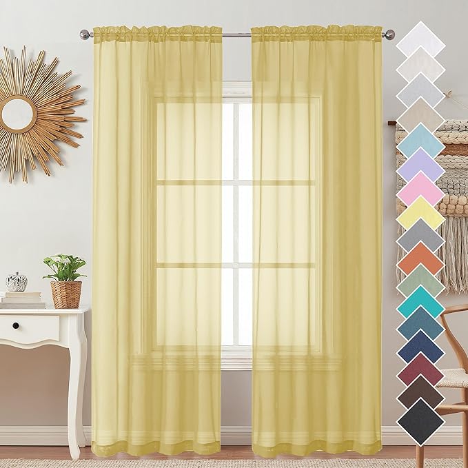 OVZME Mustard Yellow Sheer Curtains 96 Inches Long 2 Panels, Solid Lightweight & Airy Gauzy Window Treatments with Light Filtering for Bedroom, Dual Rod Pocket, Each 42W x 96L
