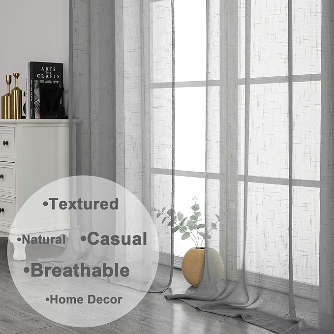 Aiyufeng Gray Sheer Curtains 54 Inch Length 2 Panel Set, Fresh Farmhouse 54 Inch Long Sheer Linen Look Airy & Lightweight Elegant Window Treatments for Bedroom/Living Room/Kitchen, 30Wx54L inch
