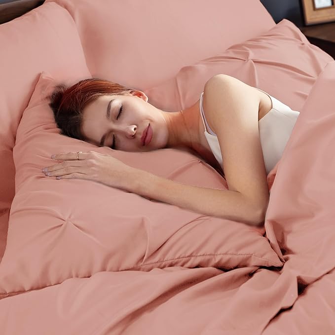 Bedsure King Size Comforter Set Dusty Pink - Bed in a Bag Bedding Set 7 Pieces, GentleSoft™ Pintuck Bed Set Gift for Family, Pinch Pleat Dusty Pink Comforter with Sheets, Pillowcases & Shams