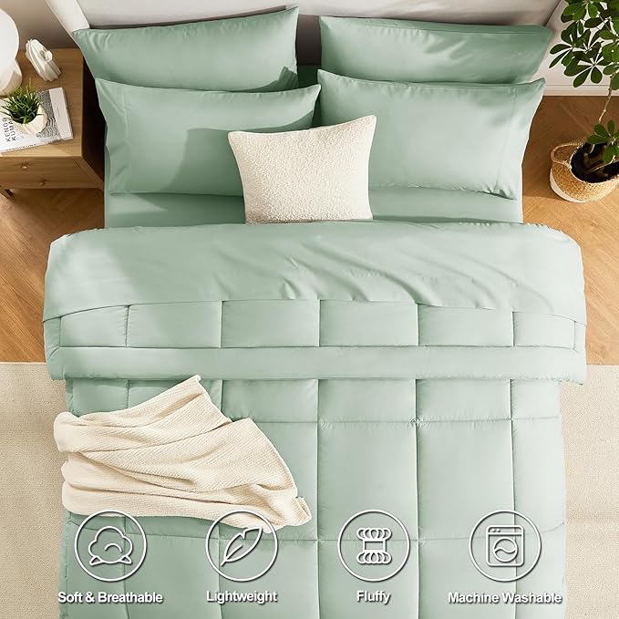 CozyLux King Size Comforter Set Sage Green, 7 Pieces Bed in a Bag, Green Comforter King Size, All Season Bedding Sets with Stitch Quilted Comforter, Flat Sheet, Fitted Sheet, Pillowcases